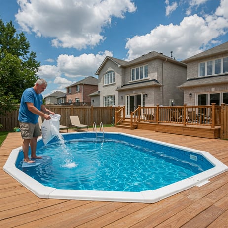 Pool owner adding pool salt to their salt water pool