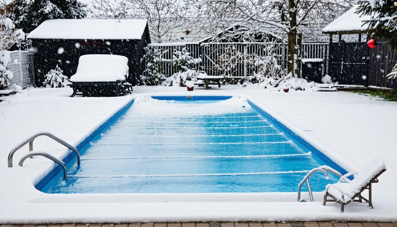 pool closed for the winter covered in snow with an